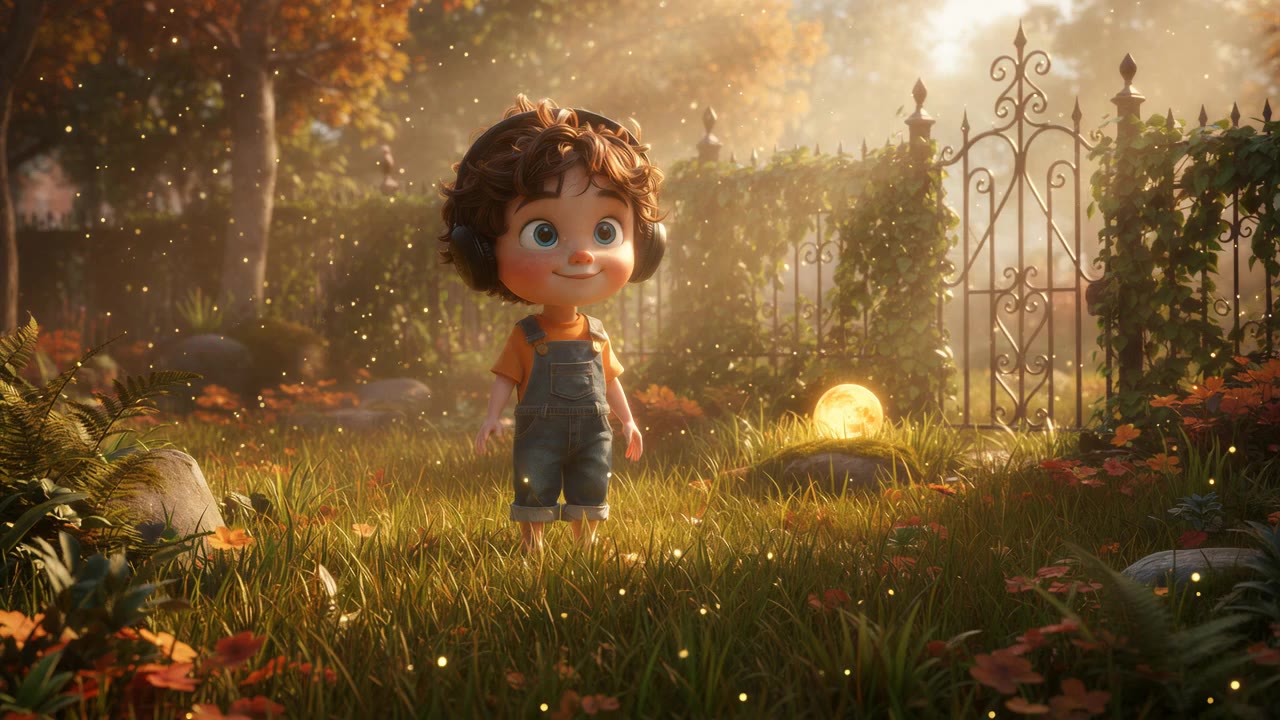Leo stands in a golden-hour garden beside an iron gate, a small glowing orb resting in the grass