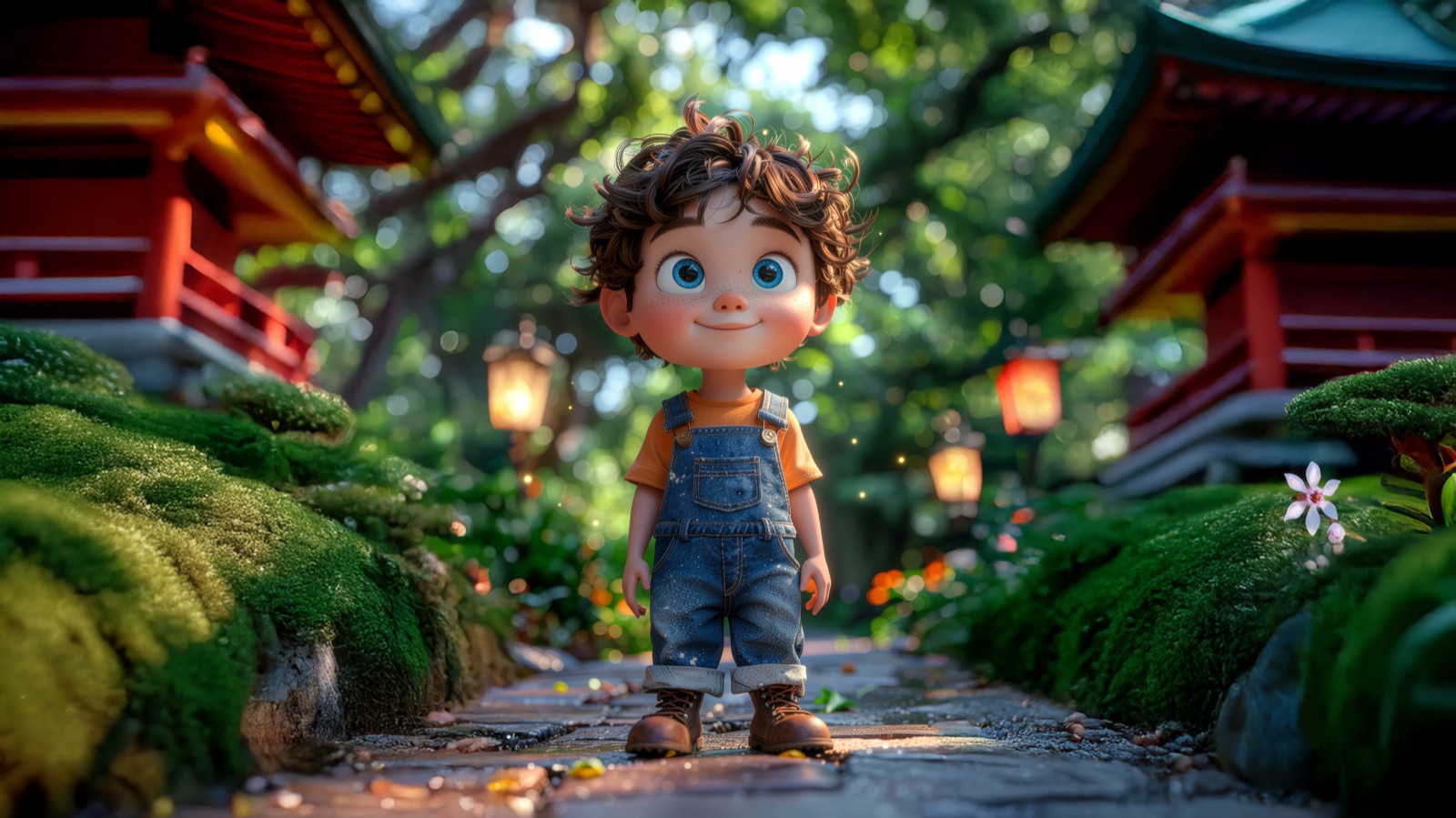 Leo on a mossy lantern-lit path between red pagodas