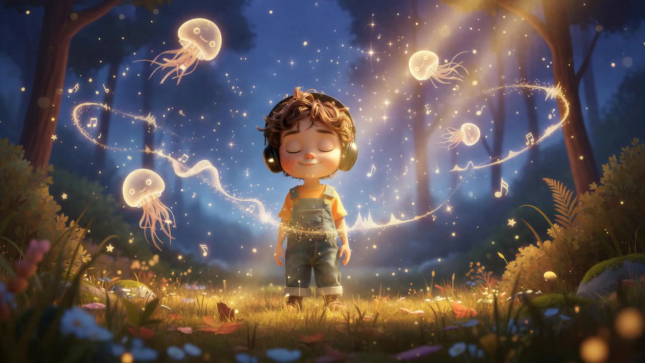 Leo stands with eyes closed in a moonlit meadow as glowing jellyfish and a ribbon of music notes float around him