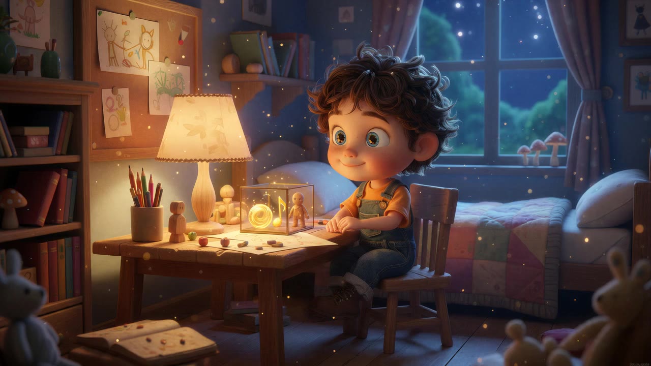 Leo sits at his lamplit desk at night, smiling at a glowing swirl and music note inside a small glass box